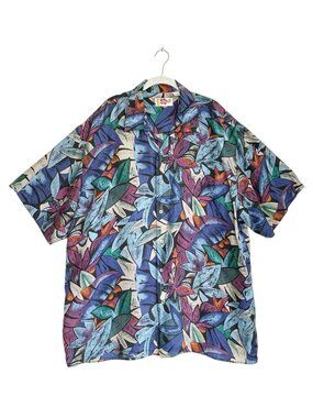 Vintage Hilo Hattie Silk Hawaiian Resort Camp Shirt Tropical Leaf Print - Sz 2XL